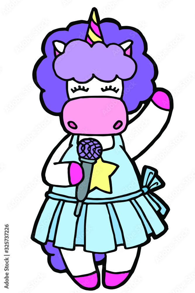 Vector illustration. Hand drawing. Cartoon singer unicorn. Curly purple mane. Star. Isolated on white. Cute character. The original print. Vector illustration. Hand drawing. Cartoon singer unicorn. Curly purple mane. Star. Isolated on white. Cute character. The original print.