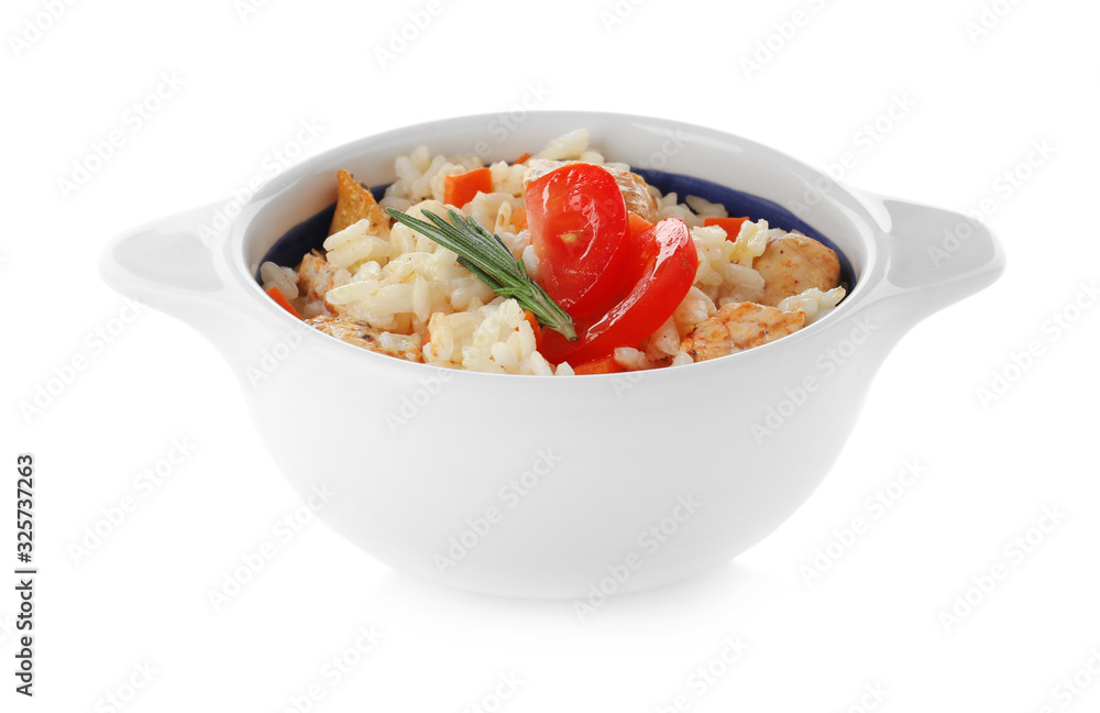 Delicious risotto with chicken isolated on white Delicious risotto with chicken isolated on white