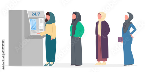 Queue to ATM. Muslim people standing in queue to ATM.