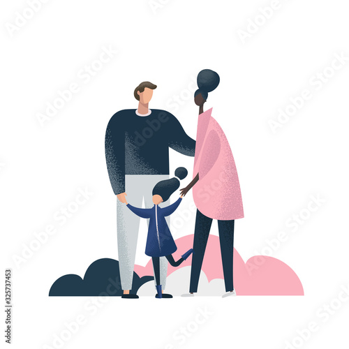 Interracial family. Pair of happy young peoples and their daughter. Relationship, love, family walk concept. Caucasian man dark skinned woman and white skinned child cartoon characters.