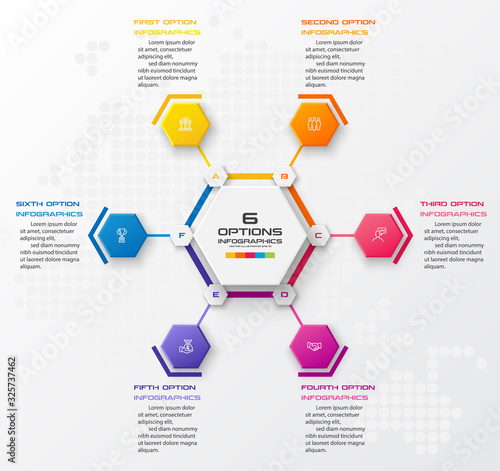 Abstract business infographics template with 6 hexagon in white color background