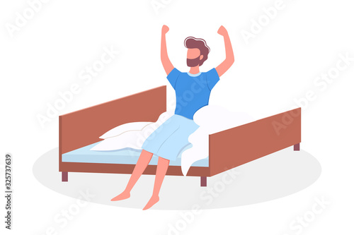 Man sleeping in the bed and waking up with the sun in a good mood.