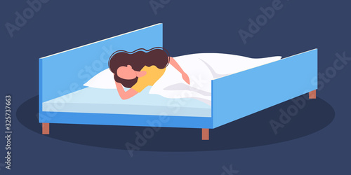 Woman sleep. Person rest in the bed on the pillow late at night.