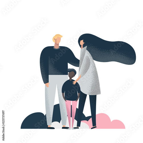 Happy parents and adopted dark skin son. Traditional family with child. Flat cartoon characters isolated on white background.
