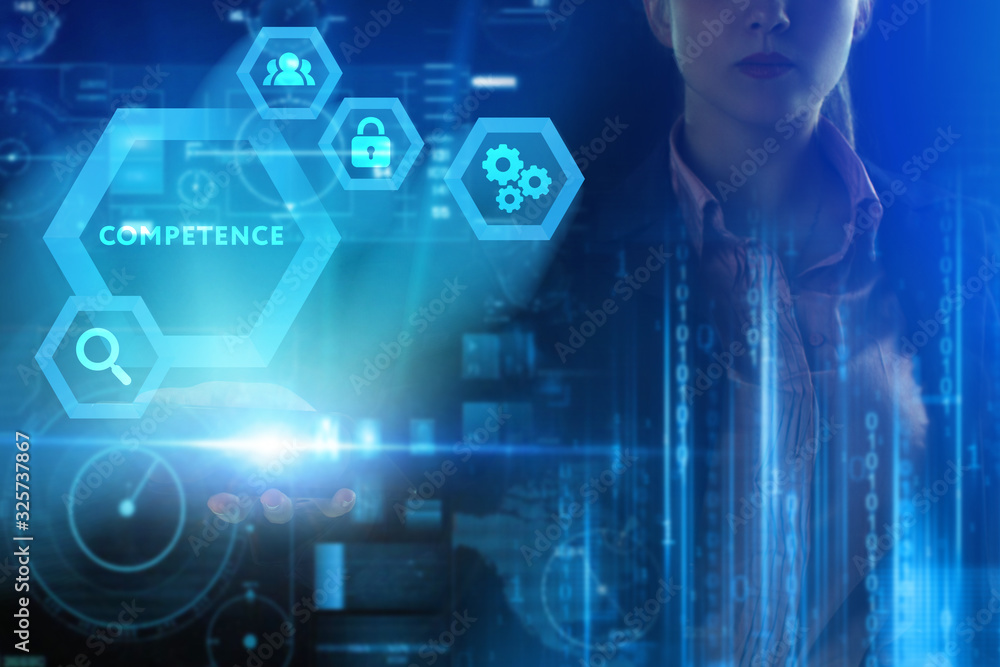 Business, Technology, Internet and network concept. Young businessman working on a virtual screen of the future and sees the inscription: Competence Business, Technology, Internet and network concept. Young businessman working on a virtual screen of the future and sees the inscription: Competence