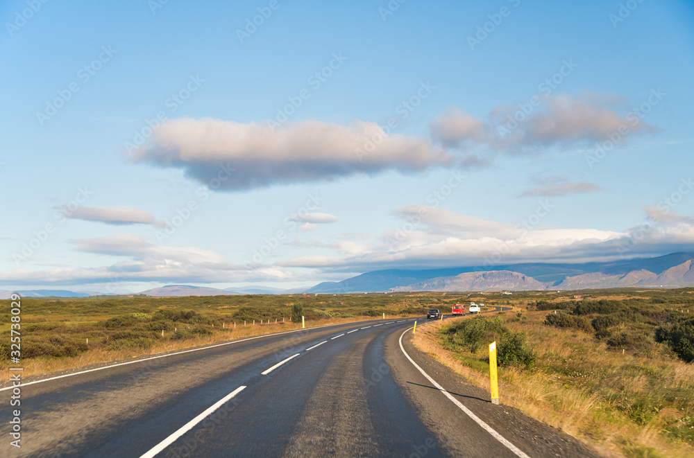 Beautiful landscape scenario with dramatic sky along the ring road, route 1 in Iceland