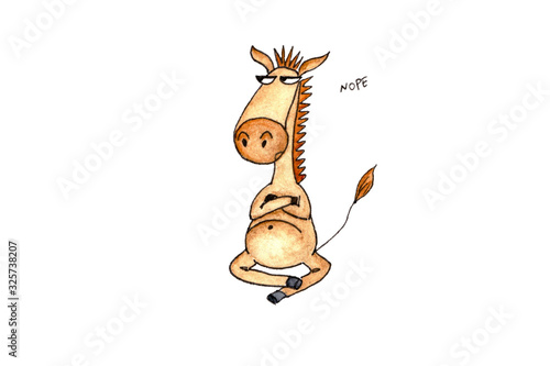 Obraz na plátně Watercolor illustration of a sitting stubborn brown mule saying Nope