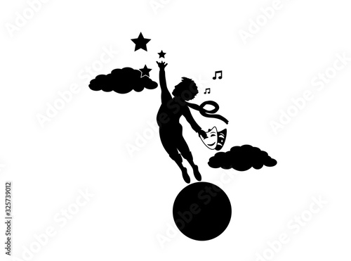 Icon of a boy holding out his hands to the stars. Creativity, acting, theater, singing, children.