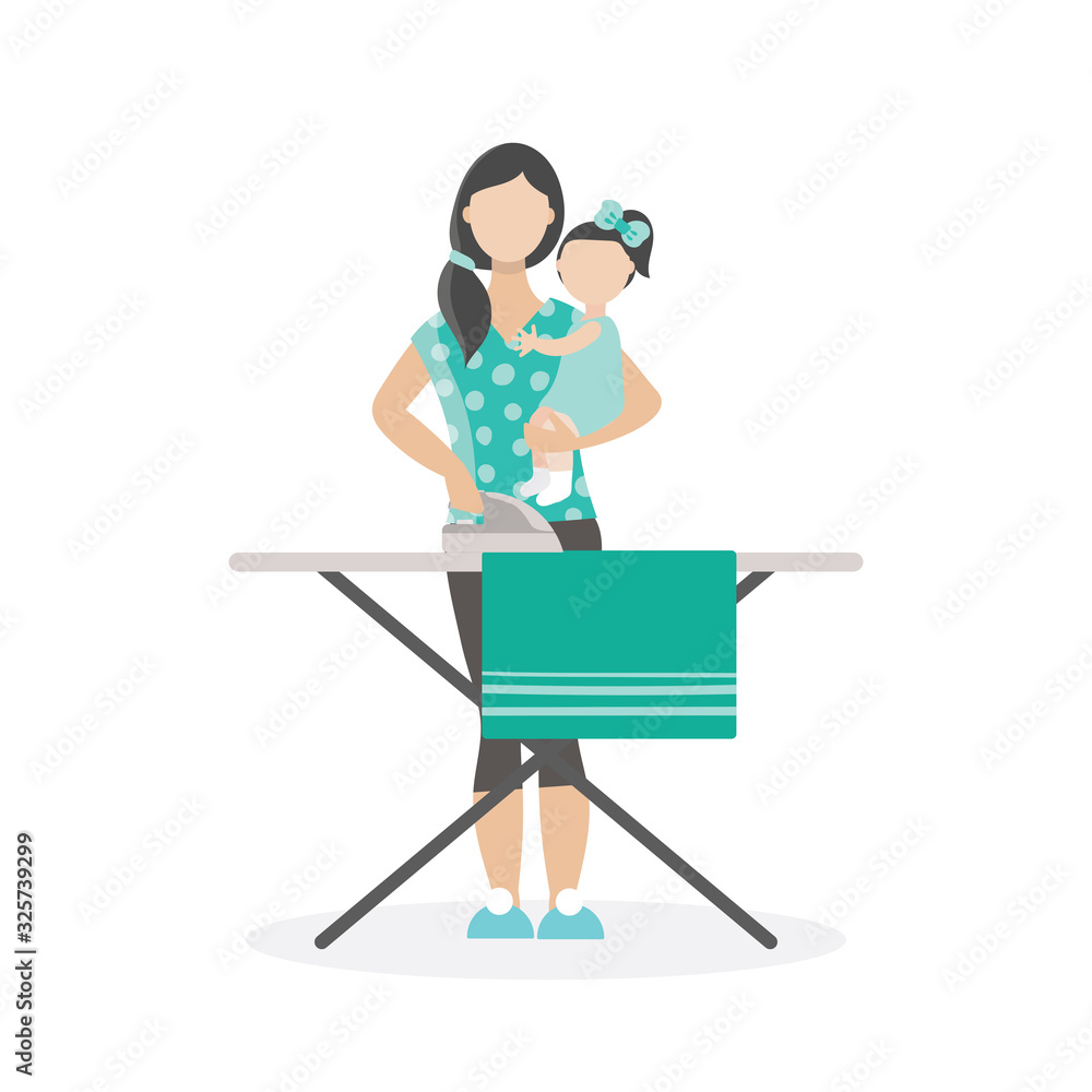Fototapeta premium Young brunette woman holding baby and Ironing. Home care, motherhood, life. Iron, Ironing Board.Mother and daughter.Flat vector illustration isolated on white background