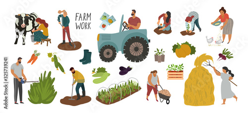 Vector set of different elements and people working in the garden and on the farm.