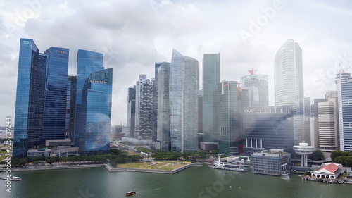 SINGAPORE - JANUARY 4, 2020: Aerial view of city skyline and Marina Bay area at sunset