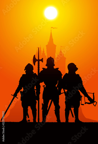 Three knights and castle on the background