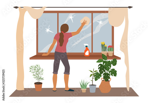 Spring House cleaning, woman washes a window in the flat. Vector illustration photo