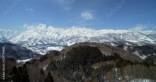 Mid winter in Hakuba valley Nagano Japan, ski, snowboard snow mountains drone aerial blue sky photo