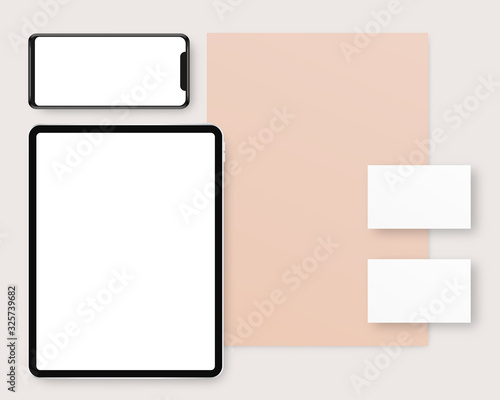 Vector stationery mockup with Paper, Business card, Smartphone and Tablet. Branding stationery mockup scene. Realistic vector illustration. 