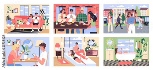 Smartphone addiction concept illustration. People eat, rest and bath