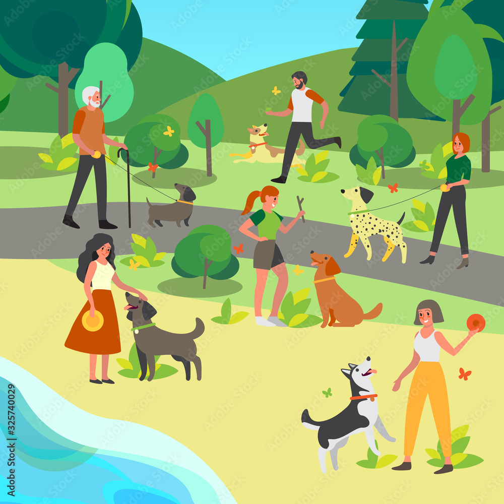 Fototapeta premium People walking and playing with their dogs in the park. Happy