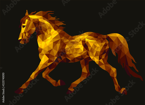 Golden horse, running pony drawn in polygonal style, monochrome isolated image on a black background