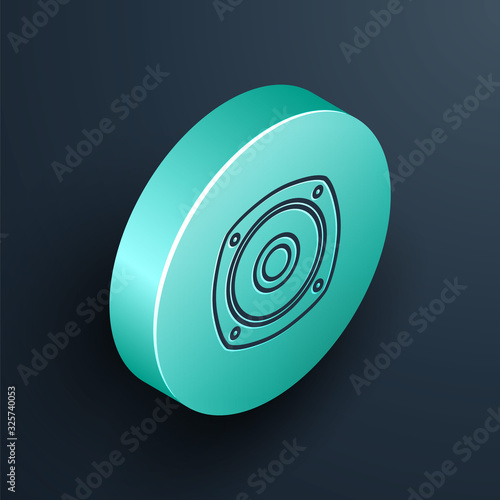 Isometric line Stereo speaker icon isolated on black background. Sound system speakers. Music icon. Musical column speaker bass equipment. Turquoise circle button. Vector Illustration