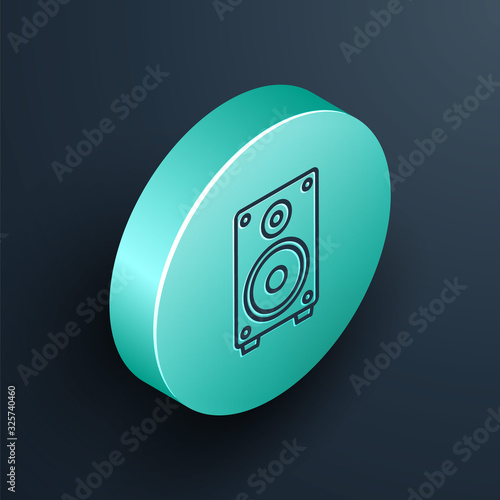 Isometric line Stereo speaker icon isolated on black background. Sound system speakers. Music icon. Musical column speaker bass equipment. Turquoise circle button. Vector Illustration