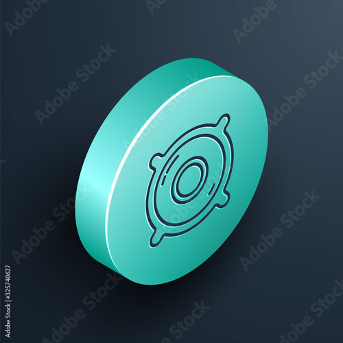 Isometric line Stereo speaker icon isolated on black background. Sound system speakers. Music icon. Musical column speaker bass equipment. Turquoise circle button. Vector Illustration