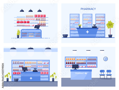 Modern pharmacy interior with shelves with medicaments and drugs.