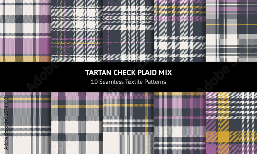 Tartan plaid pattern set. Seamless check plaid graphics in grey, purple lavender pink, gold yellow, and off white for scarf, flannel shirt, blanket, throw, duvet cover, or other modern fabrics.
