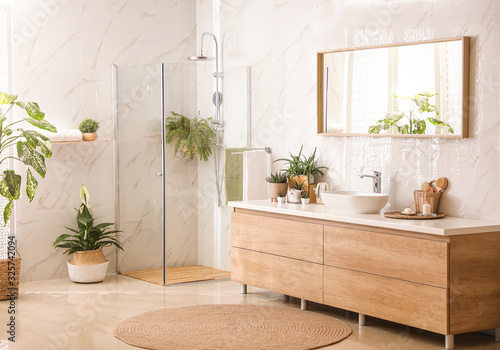 Tableau sur toile Stylish bathroom interior with countertop, shower stall and houseplants