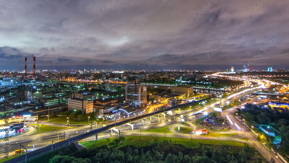 Moscow timelapse, night view of the third transport ring and the central part of Moscow's rings, traffic, car lights