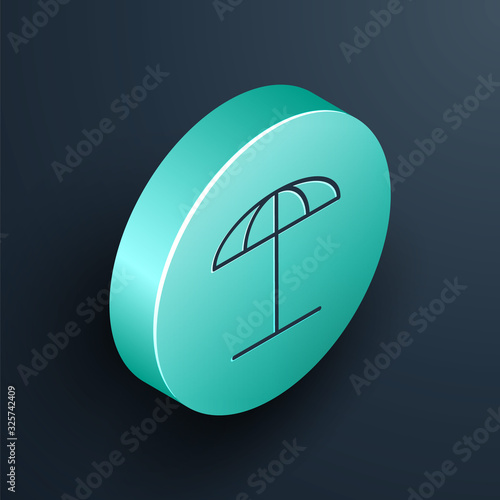 Isometric line Sun protective umbrella for beach icon isolated on black background. Large parasol for outdoor space. Beach umbrella. Turquoise circle button. Vector Illustration