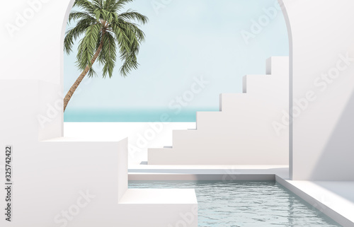 Scene with geometrical forms, arch with a podium in natural day light. minimal landscape background. sea view. Summer scene. 3D render background.