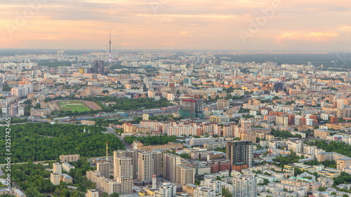 Aerial top view of Moscow city timelapse at sunset. Form from the observation platform of the business center of Moscow City.
