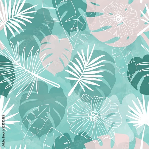 Seamless pattern with bright colored  tropical leaves and flowers
