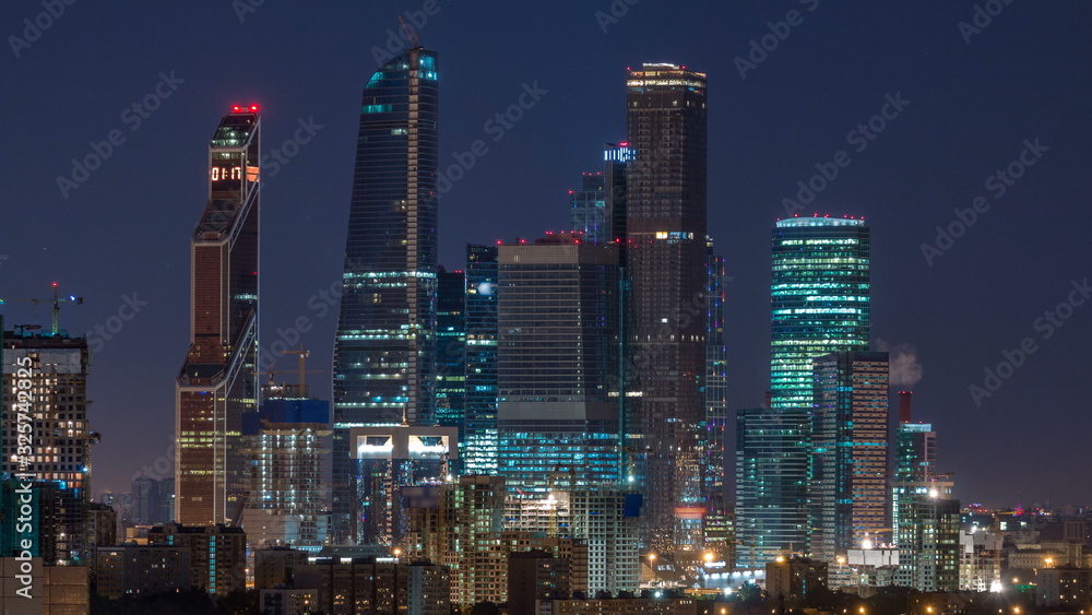 Moscow international business center Moscow City timelapse at night. Urban landscape metropolis night with skyscrapers