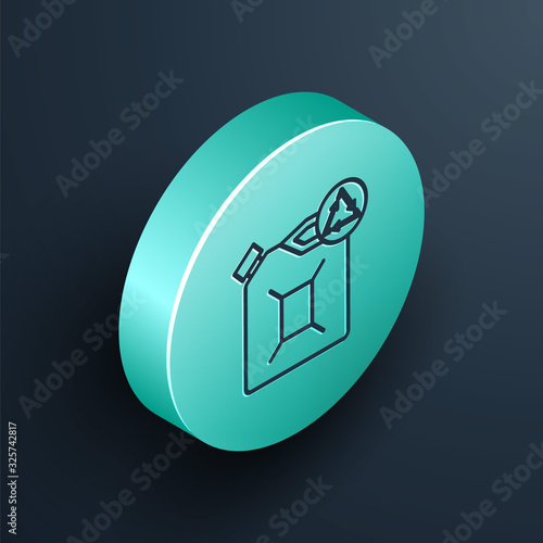 Isometric line Eco fuel canister icon isolated on black background. Eco bio and barrel. Green environment and recycle. Turquoise circle button. Vector Illustration