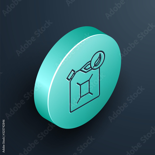 Isometric line Bio fuel canister icon isolated on black background. Eco bio and barrel. Green environment and recycle. Turquoise circle button. Vector Illustration
