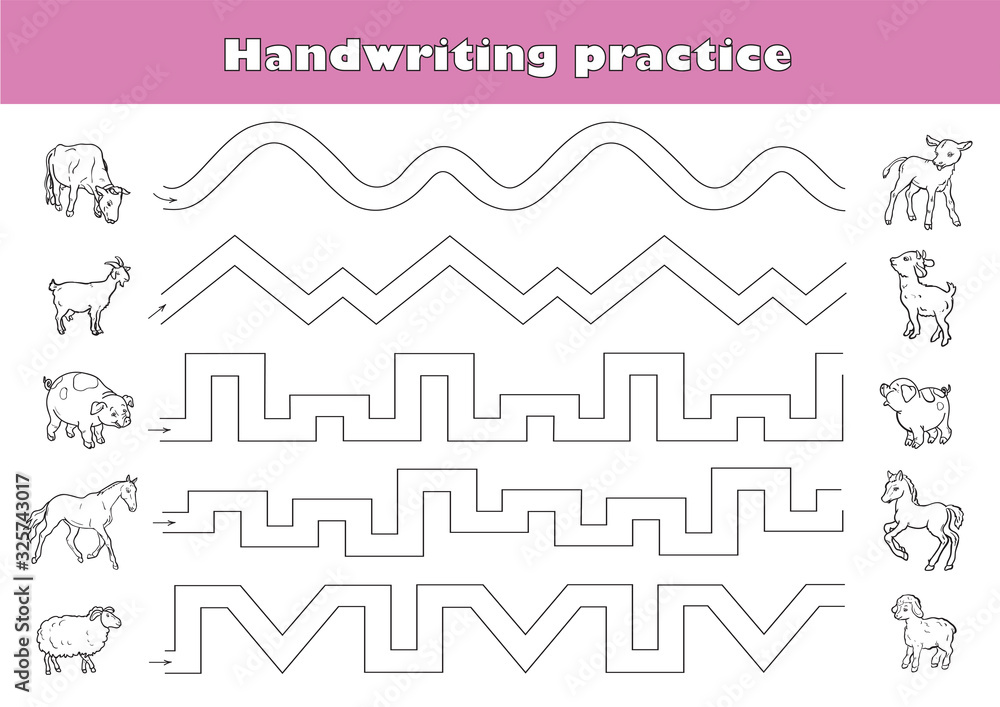 Handwriting practice sheet. Educational children game, printable