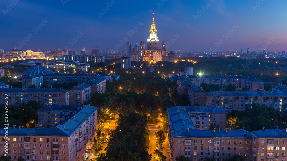 Moscow State University night to day timelapse before sunrise aerial view from rooftop.