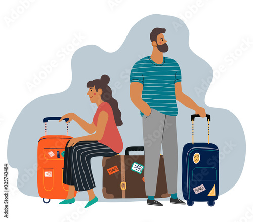 A waiting man and woman with suitcases. Cartoon flat vector