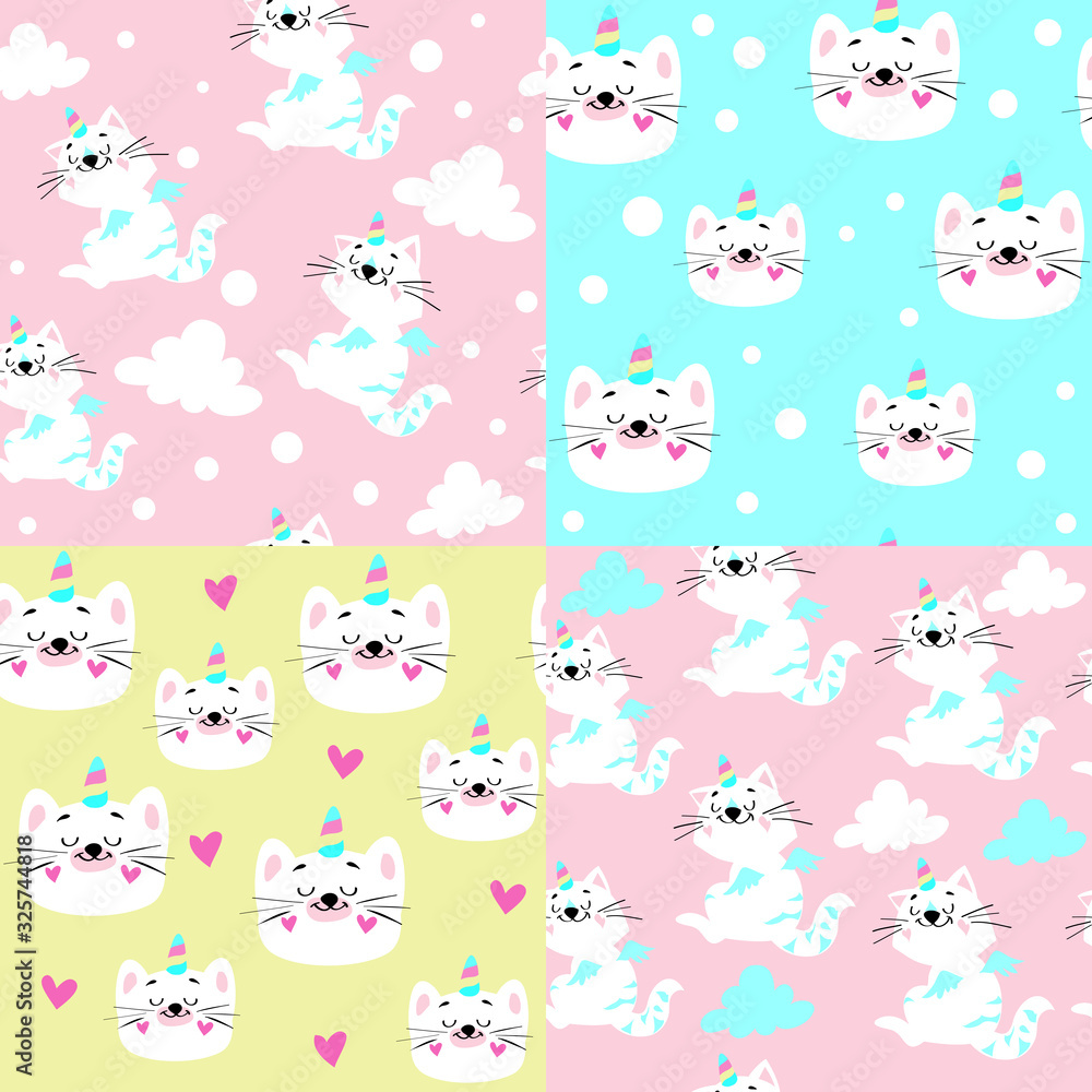 Beautiful illustration with a white cat unicorn and clouds collection on a blue, pink and yellow background seamless pattern