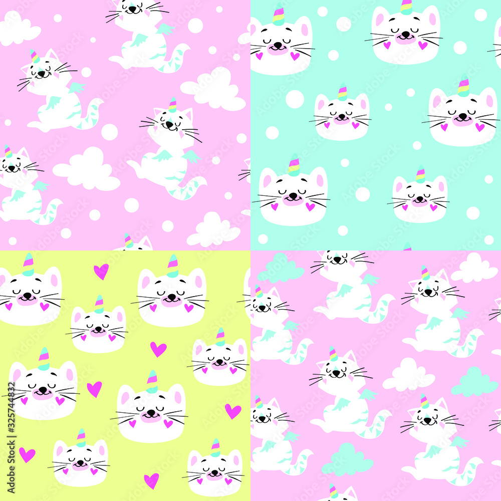 Beautiful illustration with a white cat unicorn and clouds collection on a blue, pink and yellow background seamless pattern