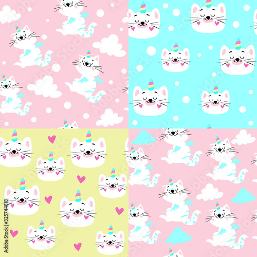 Beautiful illustration with a white cat unicorn and clouds collection on a blue, pink and yellow background seamless pattern