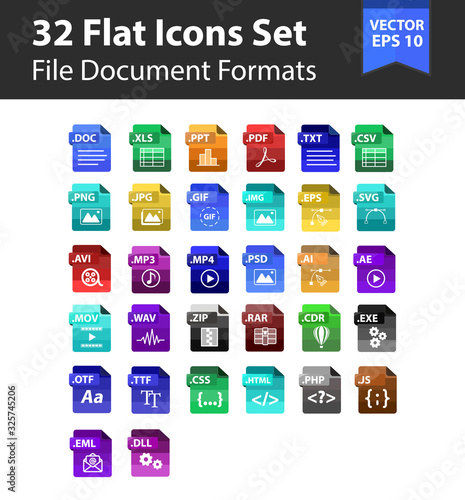 32 Format Files Document,Music,Video,Font,Design Extension Icon Flat Design Vector Illustration Paper