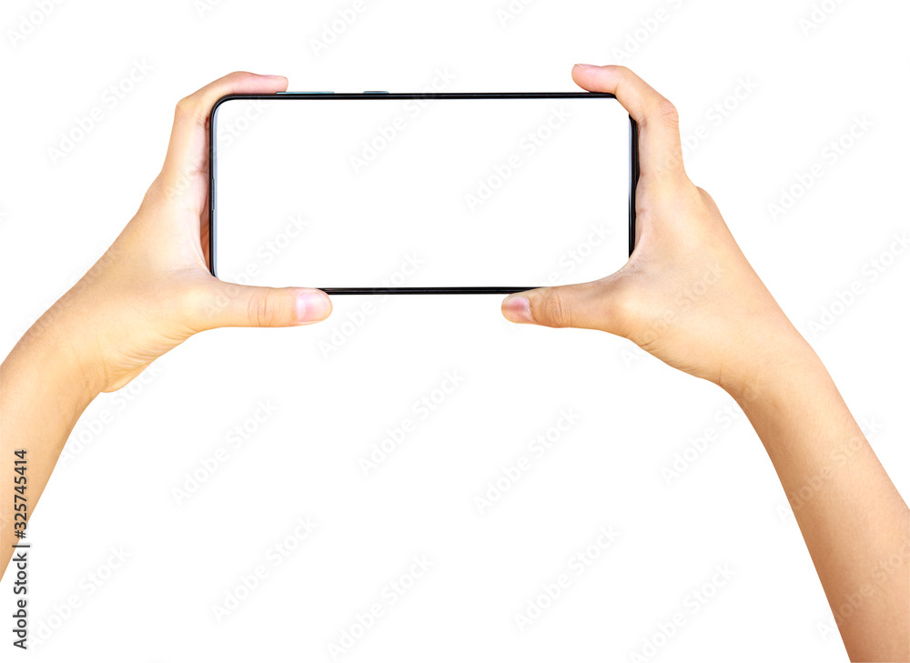 Two hands of child presenting smartphone with blank screen isolated on white background. Clipping path