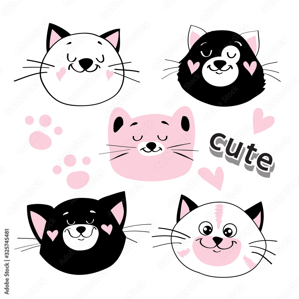 Obraz premium Cute head of white, black and pink cats in kawaii style on a white background for children