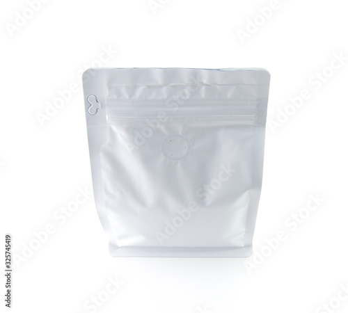 White craft paper bag with coffee grains. Tightly closed with small odor holes. On a white isolated background. Stands upright.