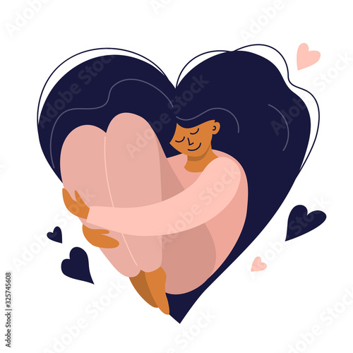 Cute girl with heart shaped long hair. Self care, love yourself icon or body positive concept. Happy woman hugs her knees. Illustration of International Women's day. Vector postcard, valentines card. photo