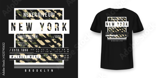 T-shirt design in military army style with camouflage texture. New York City typography with slogan for shirt print. Black t-shirt mockup with graphic print