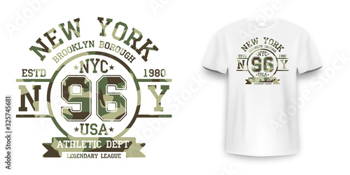 T-shirt design in military army style with camouflage texture. New York City typography with slogan for shirt print. White t-shirt mockup with graphic print