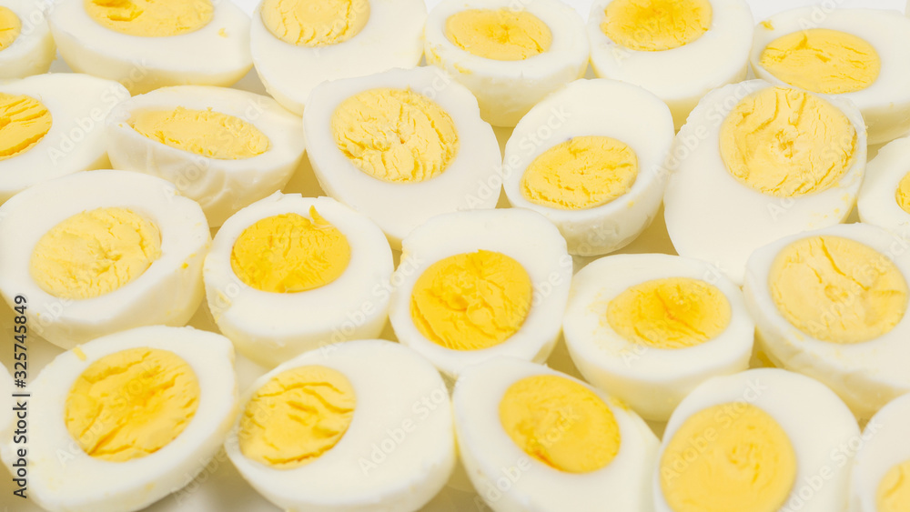 Half boiled eggs background.